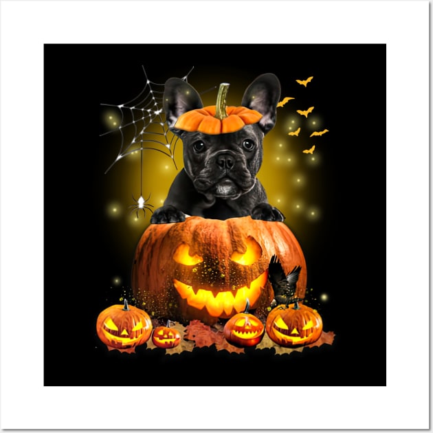 Black French Bulldog  Spooky Halloween Pumpkin Dog Head Wall Art by Los Draws